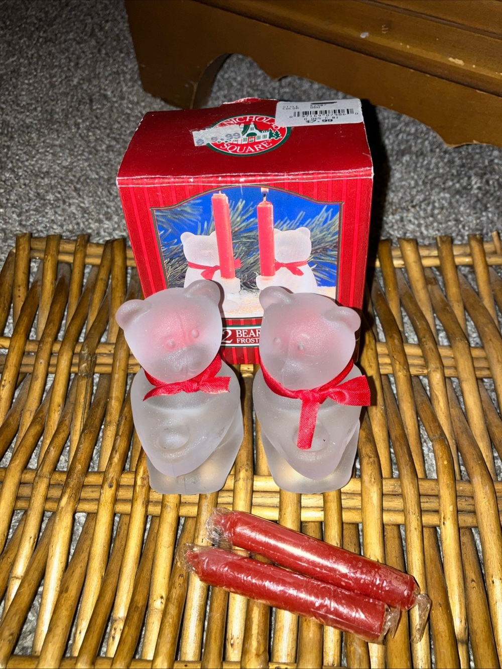 St. Nicholas Square Frosted Bear Candle Holders with Red Accents In Box